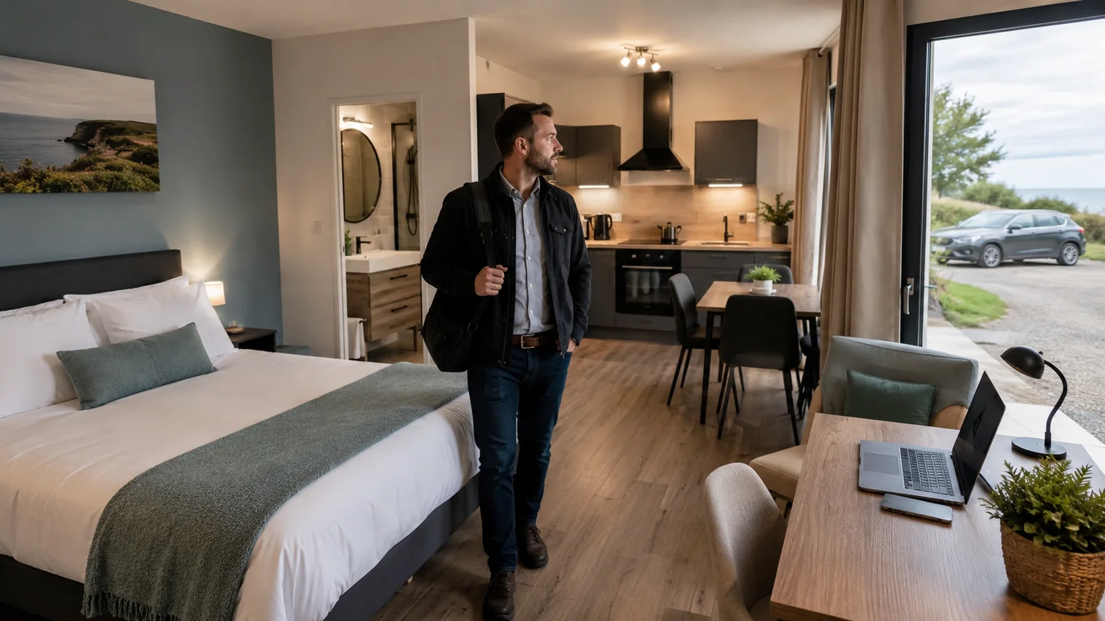Professionnel visitant un gîte équipé avec bureau, cuisine et parking près de Penly