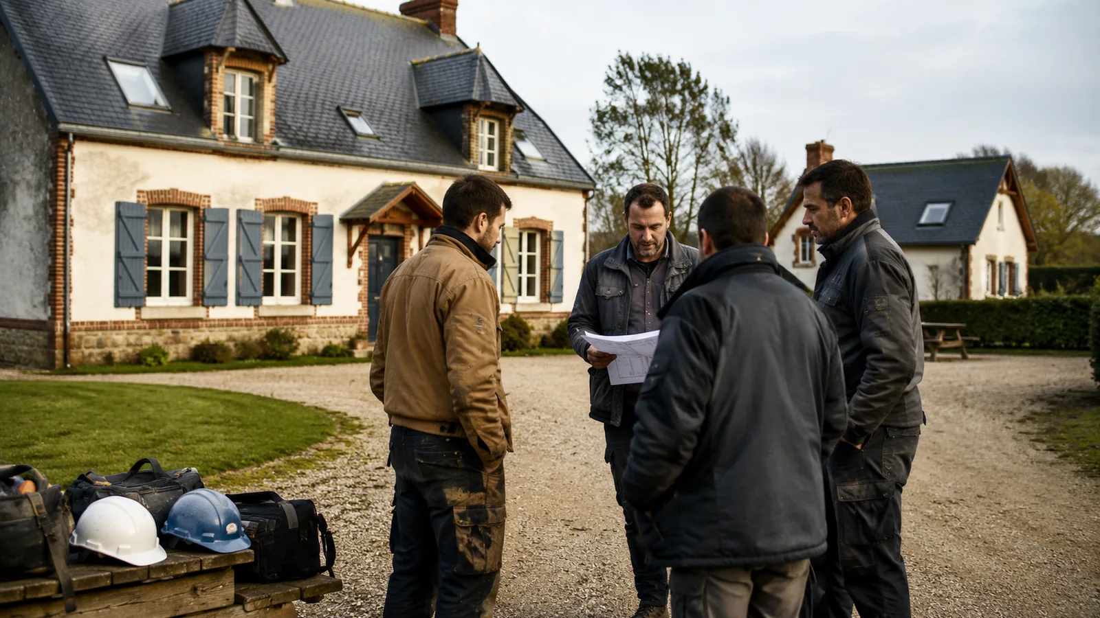 Équipe de chantier préparant son hébergement devant une grande maison proche de Penly
