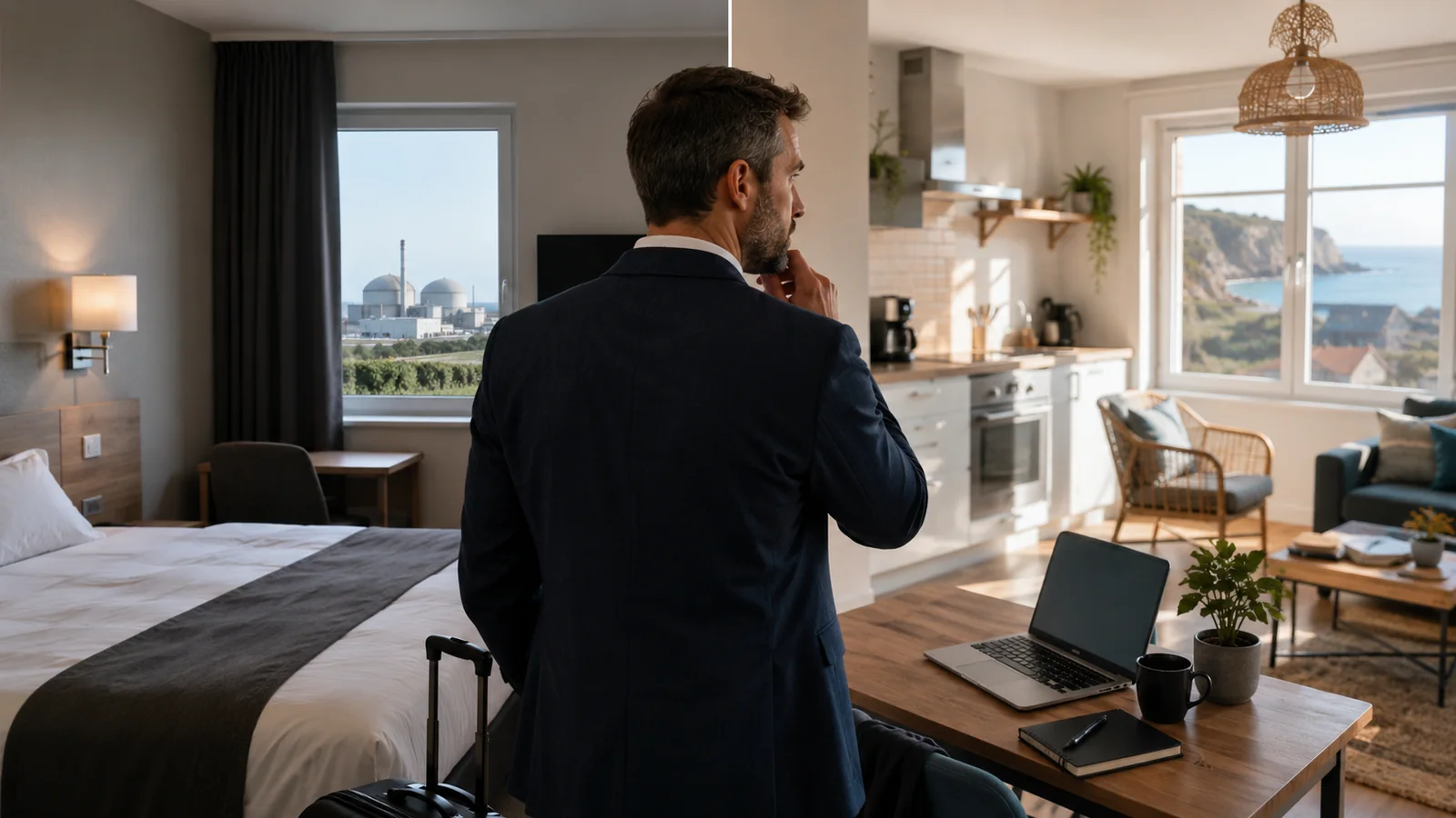 Professionnel comparant un hôtel et un gîte meublé pour une mission près de Penly