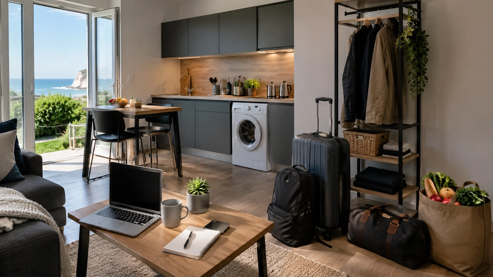 Location longue durée équipée avec cuisine, lave-linge, espace de travail et bagages près de Penly