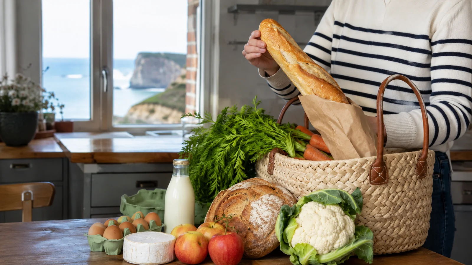 Courses locales avec pain, légumes, œufs et produits normands dans la cuisine d’un gîte près de Penly