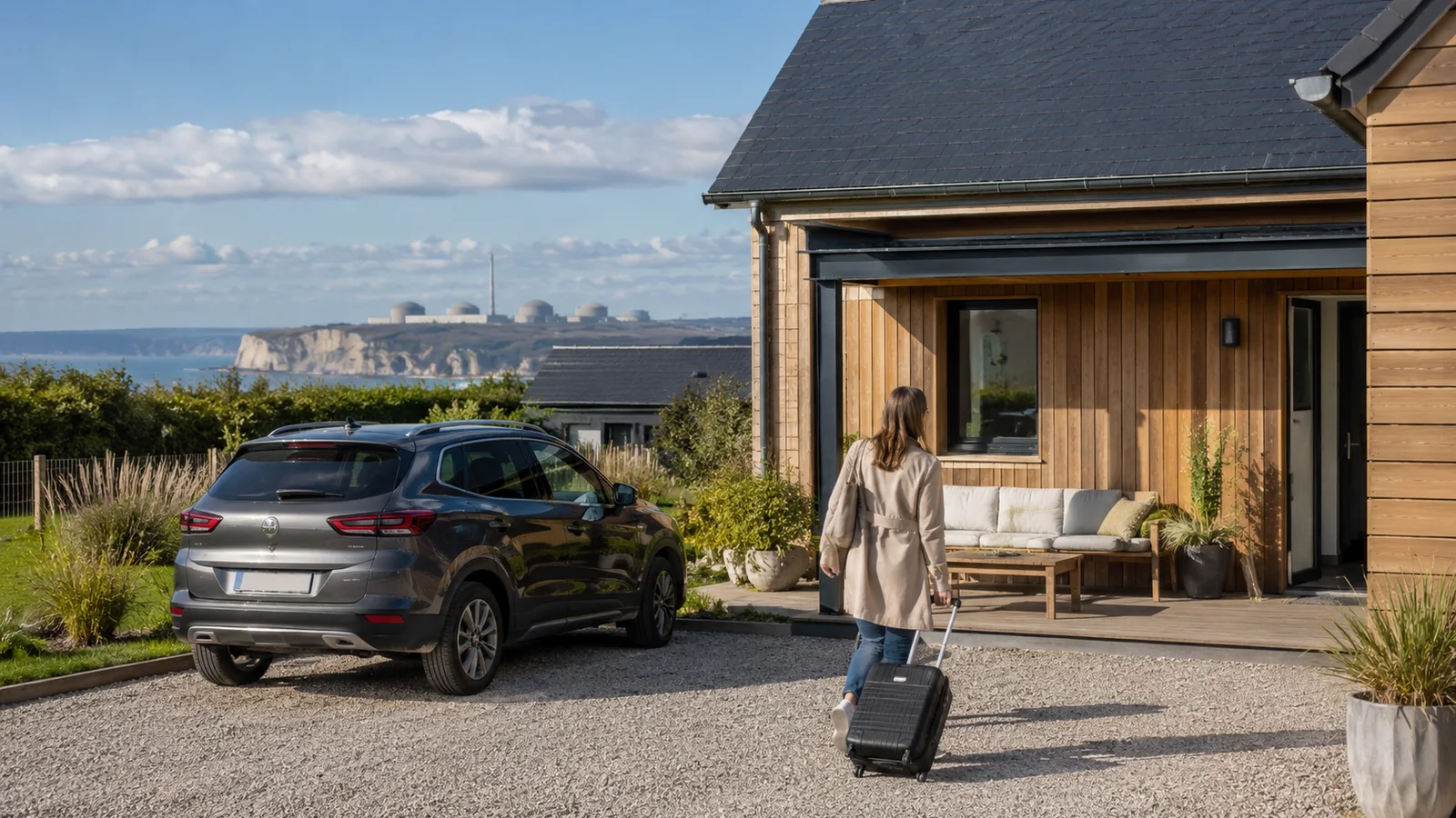 Voyageuse arrivant dans un gîte avec parking proche de la centrale de Penly et de la côte normande