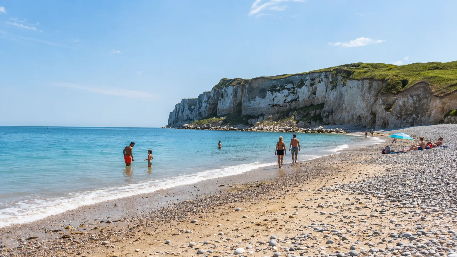 Plage de galets et de sable au pied des falaises de Petit-Caux avec des baigneurs en été