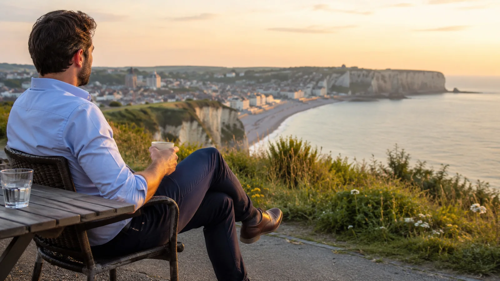 Professionnel se détendant face à la côte normande après une journée de travail à Penly en été