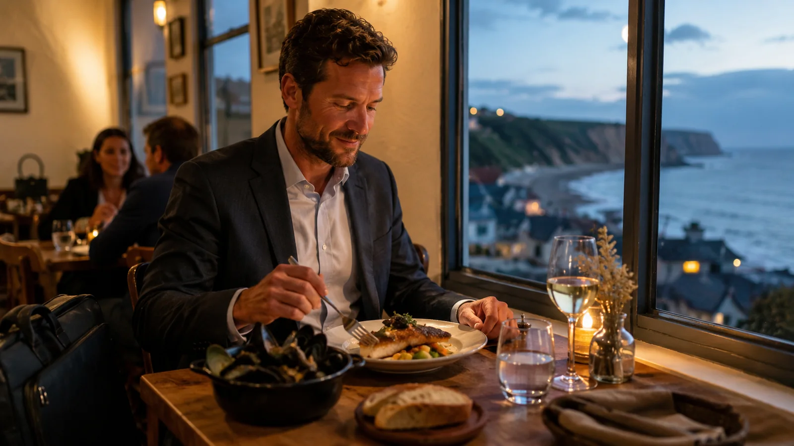 Professionnel dînant dans un restaurant chaleureux avec vue sur la côte normande près de Penly