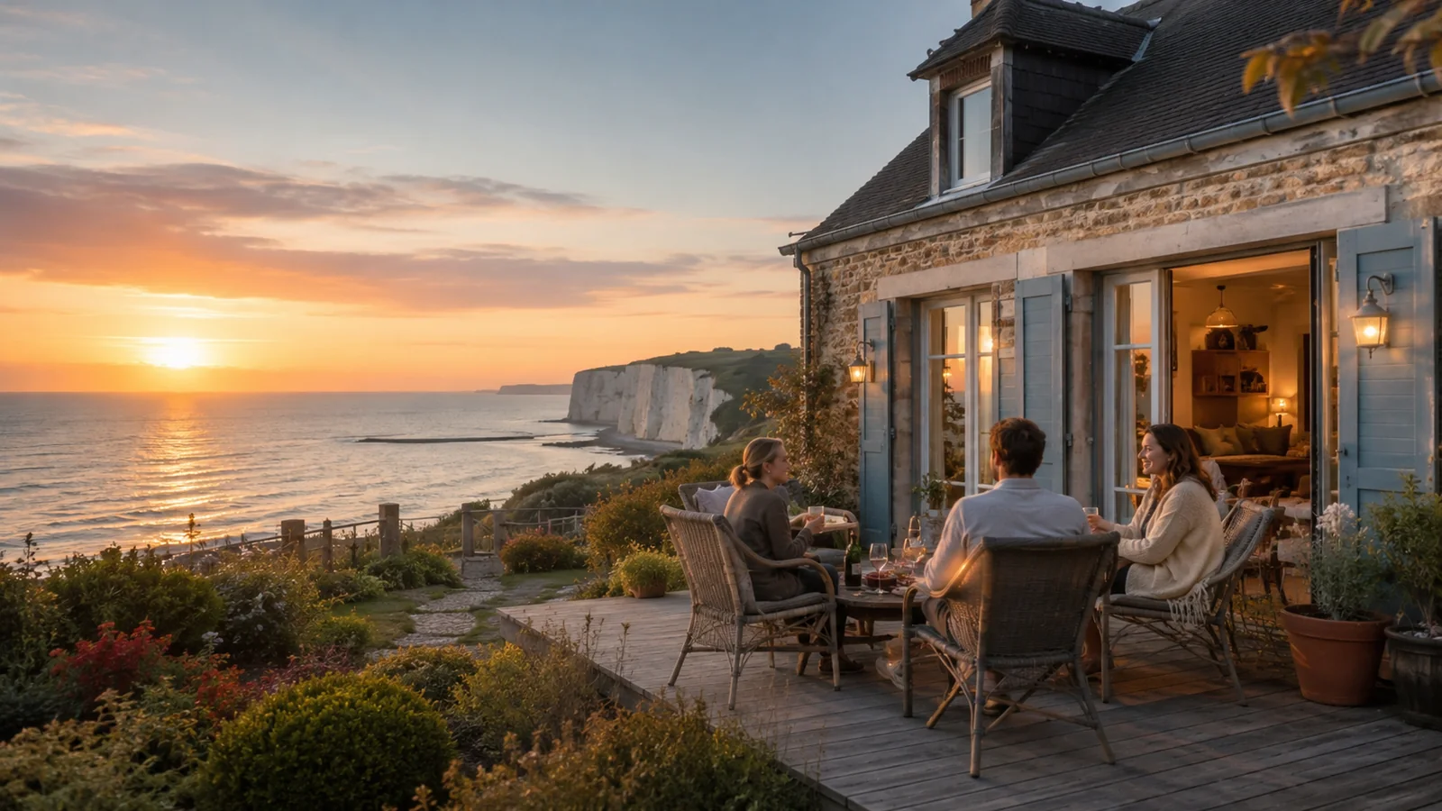 Amis profitant de la terrasse d’un gîte à Petit-Caux face à la mer au coucher du soleil