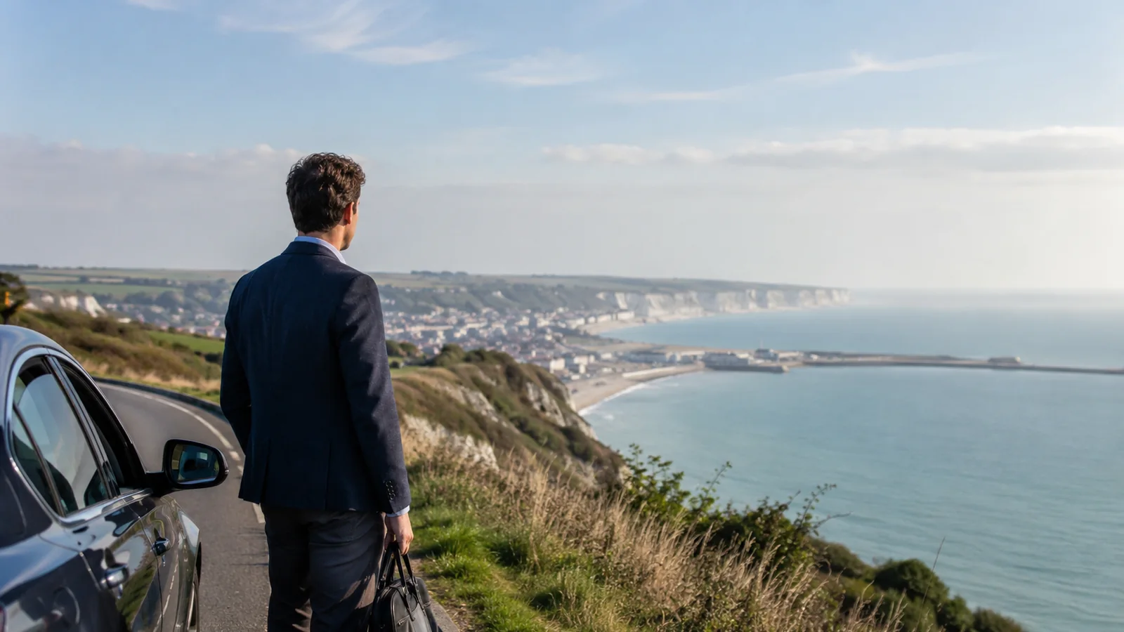 Professionnel avec sac de travail observant la côte et la route entre Dieppe et Penly près de sa voiture