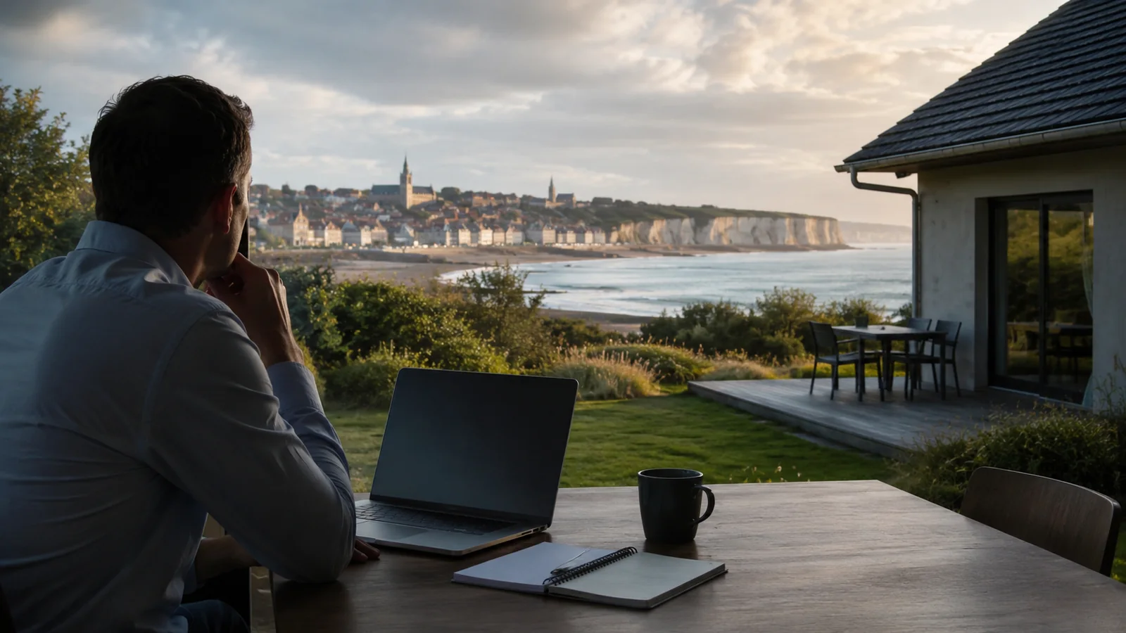 Professionnel comparant un logement calme près de Penly avec la ville côtière de Dieppe visible au loin