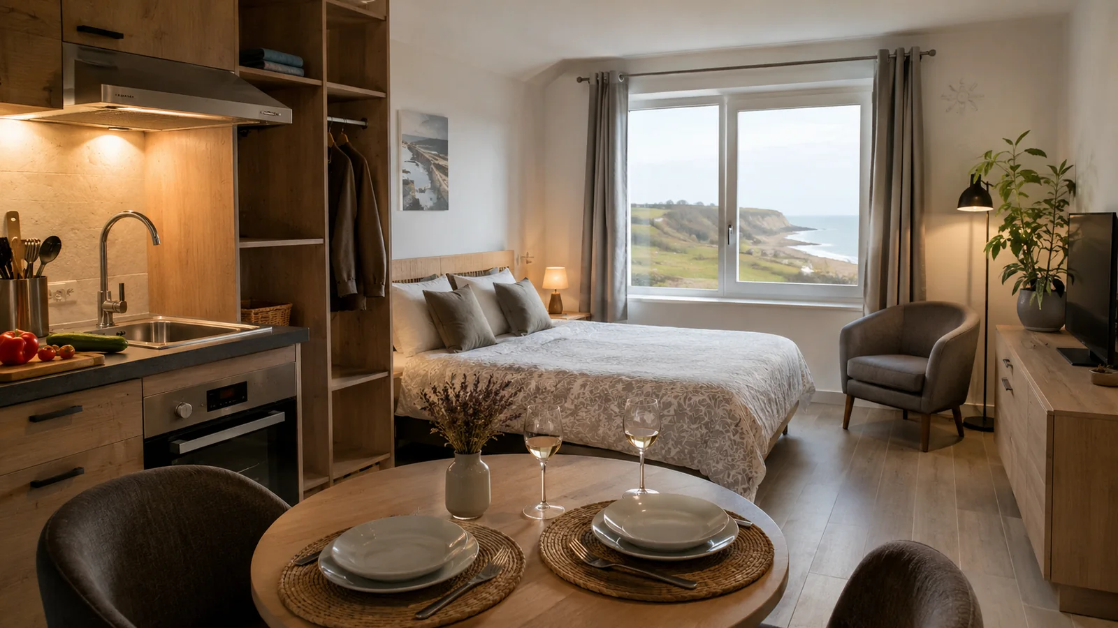 Studio meublé calme avec lit double, kitchenette et table pour deux personnes près de Penly