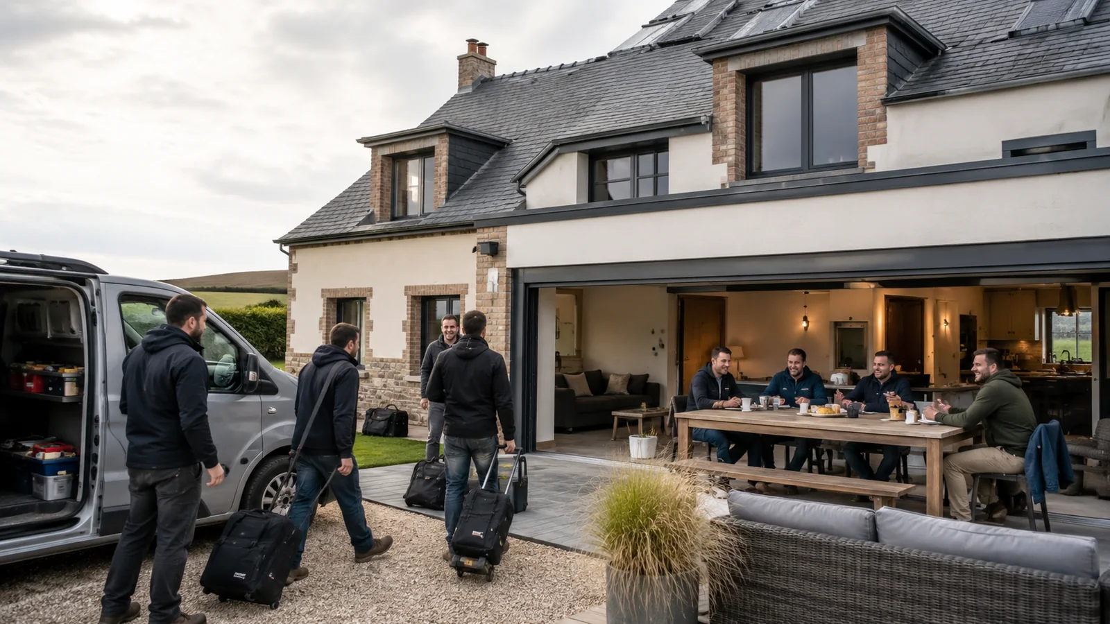 Équipe professionnelle arrivant dans une grande maison cinq chambres près de Penly avec plusieurs bagages