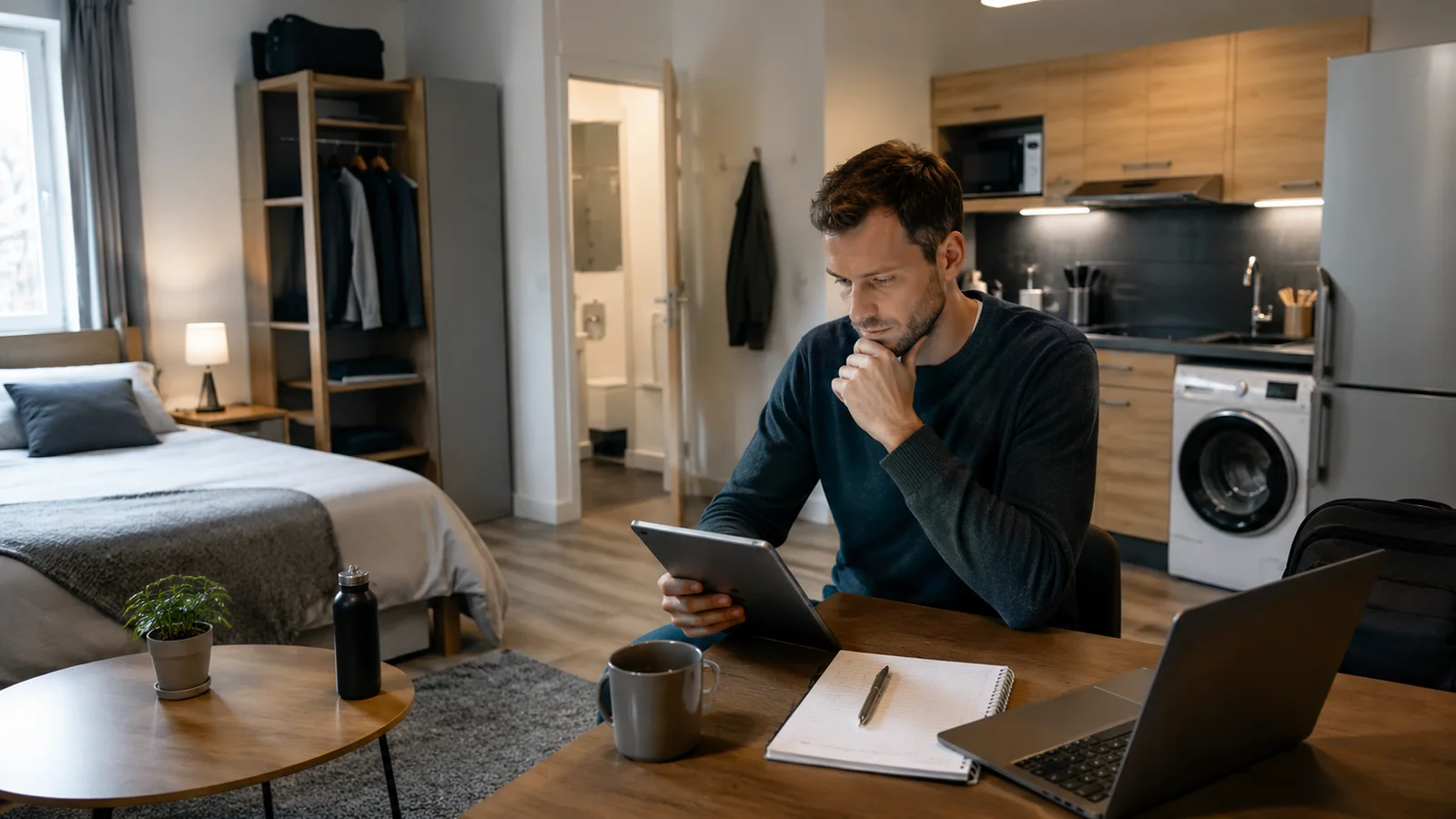 Professionnel comparant une location longue durée dans un studio équipé avec cuisine, lave-linge et bureau