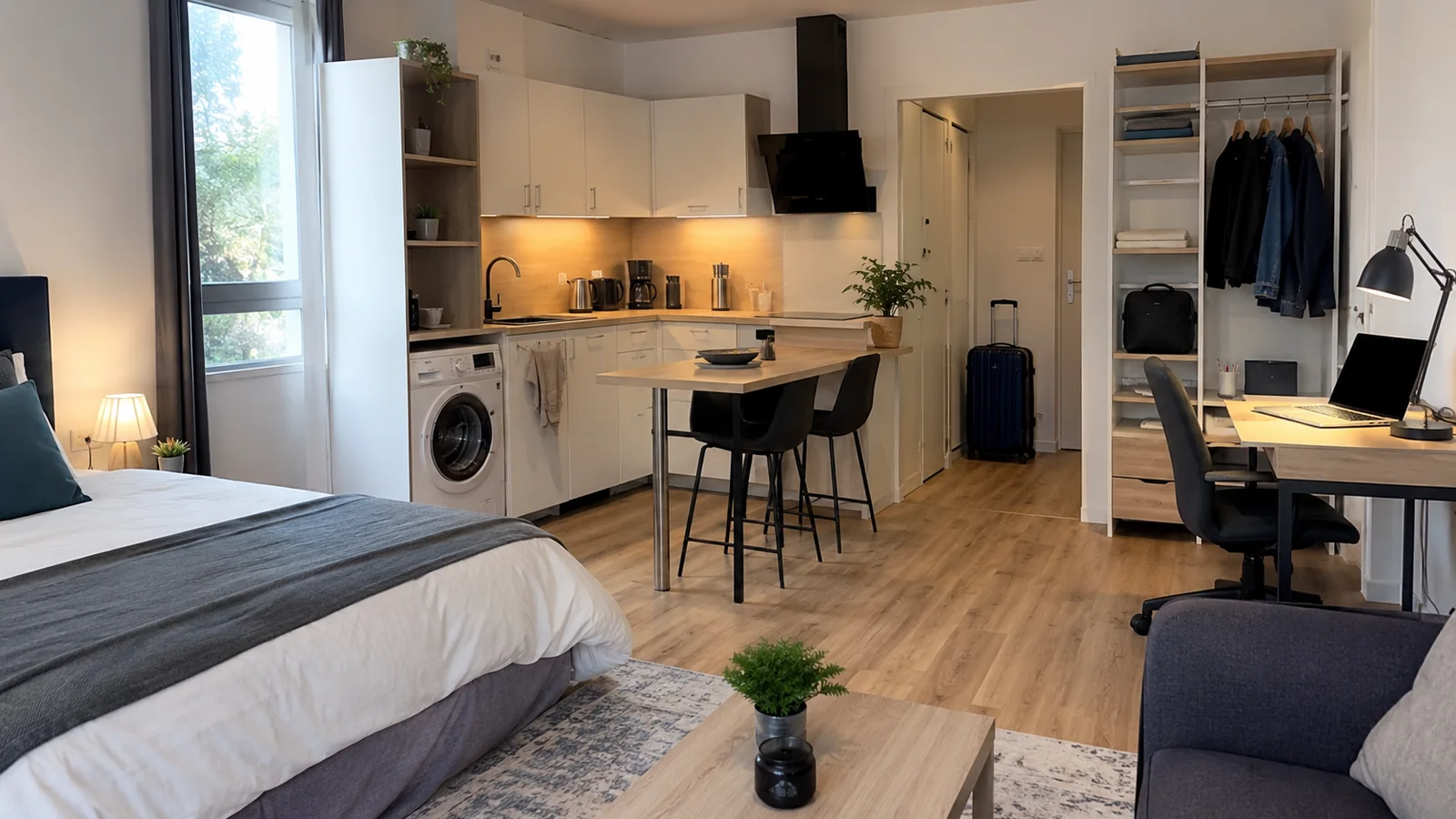 Studio meublé avec cuisine, lave-linge, bureau et rangement pour un séjour autonome d’une semaine à Penly