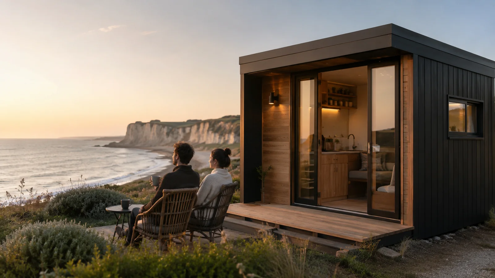 Couple installé devant une tiny house contemporaine près de la côte de Petit-Caux au coucher du soleil