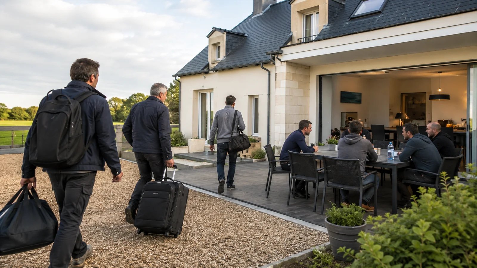 Équipe de prestataires arrivant avec leurs bagages dans une grande maison réservée près de Penly