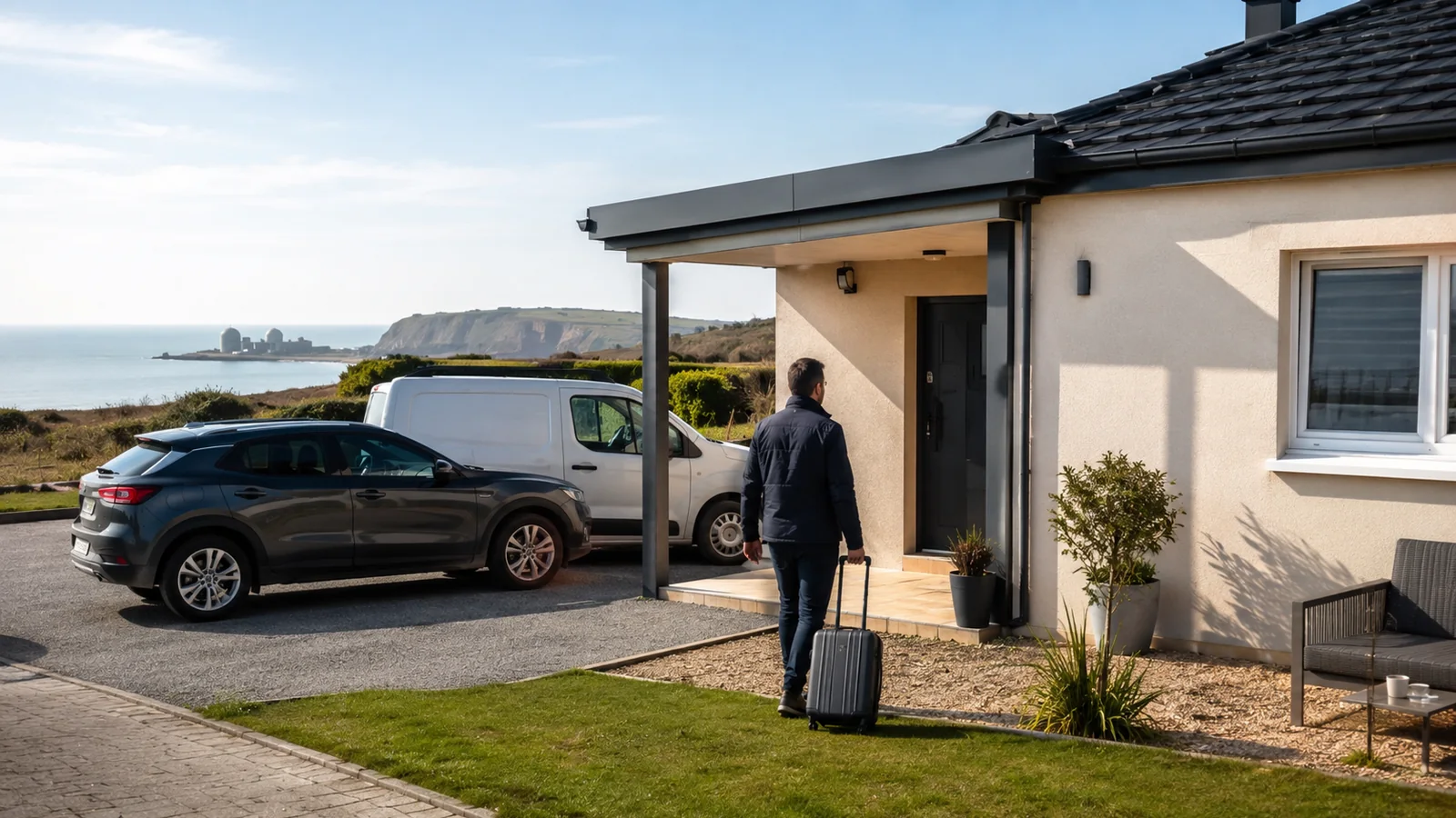 Professionnel arrivant avec sa valise devant un logement avec voiture et utilitaire garés près de Penly
