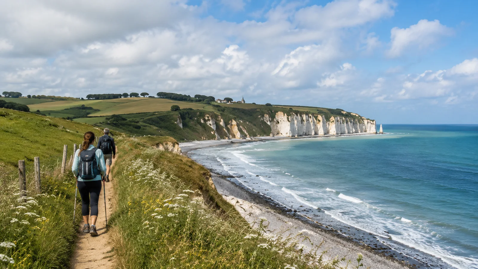 Deux randonneurs marchant sur un sentier côtier au-dessus des falaises blanches et de la mer près de Petit-Caux