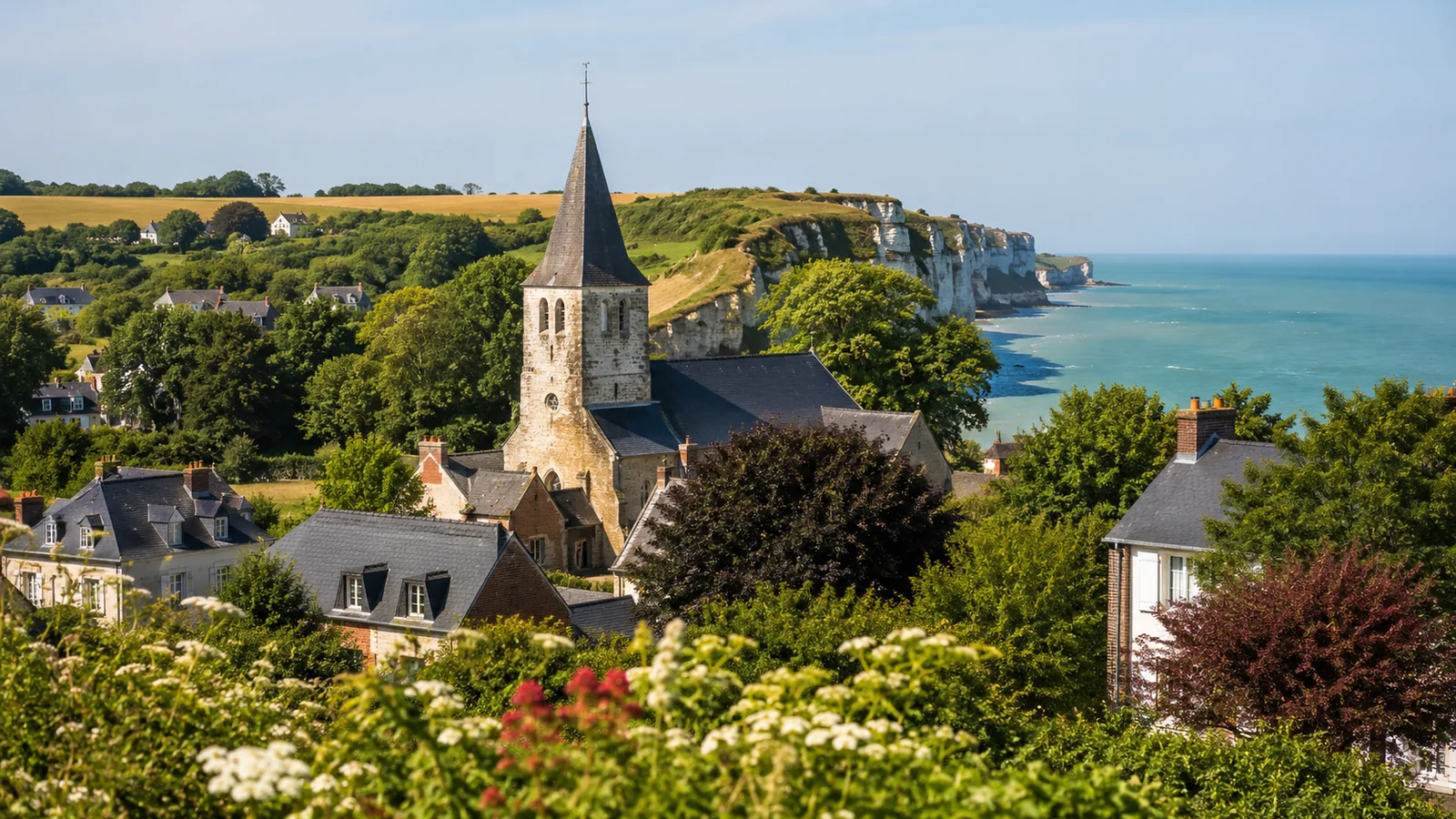 Vue lumineuse du village de Saint-Martin-en-Campagne entouré de verdure avec la mer et les falaises en arrière-plan