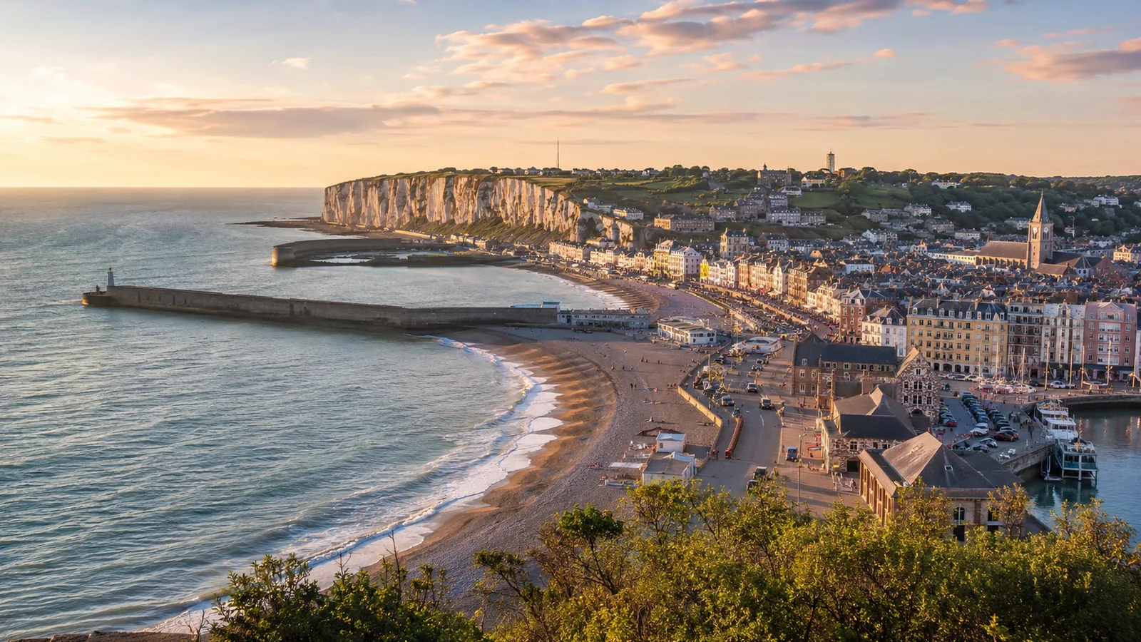 Vue panoramique de Dieppe au coucher du soleil avec le port, la plage, les falaises et le centre historique